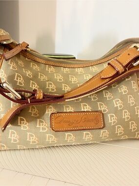 Dooney & Bourke Tan Logo Jacquard Shoulder Bag with Brown Leather Trim